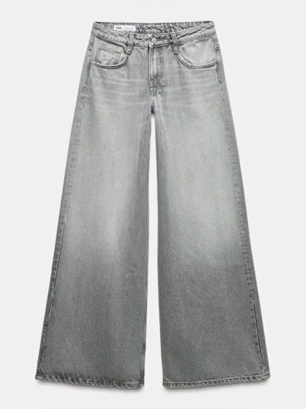 Zara Grey TRF Low Rise Wide Leg Elephant Jeans Acid Wash Full Length Sz 4/26 - Picture 6 of 16